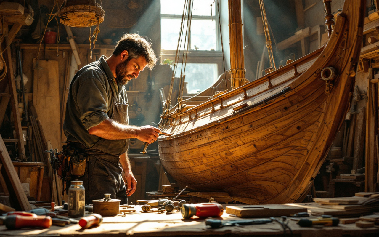 Un artisan concentré sur la restauration d'un bateau, entouré d'outils, dans un atelier baigné de lumière naturelle.