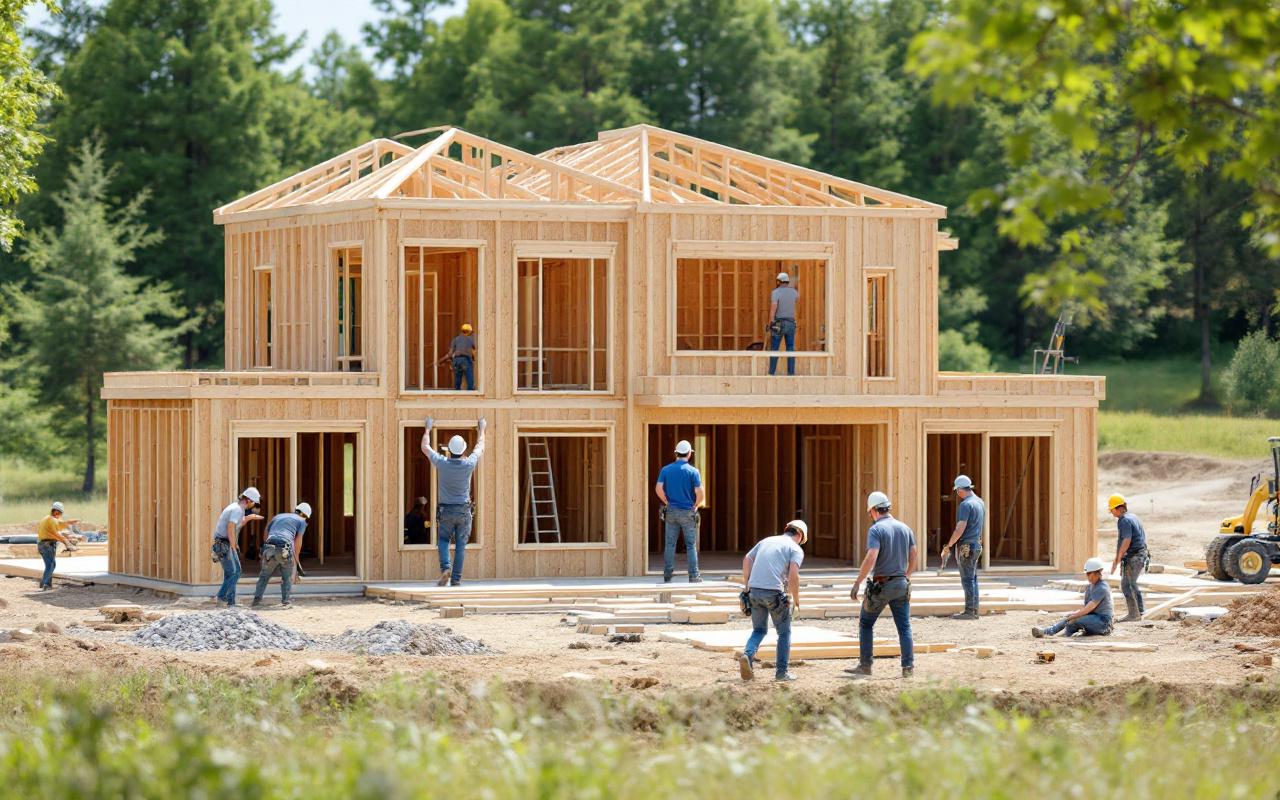 Une image montrant un chantier de construction d'une maison moderne, avec des ouvriers au travail, une structure en bois, des machines en arrière-plan, le tout dans un environnement naturel avec des arbres et de l'herbe sous un jour lumineux.