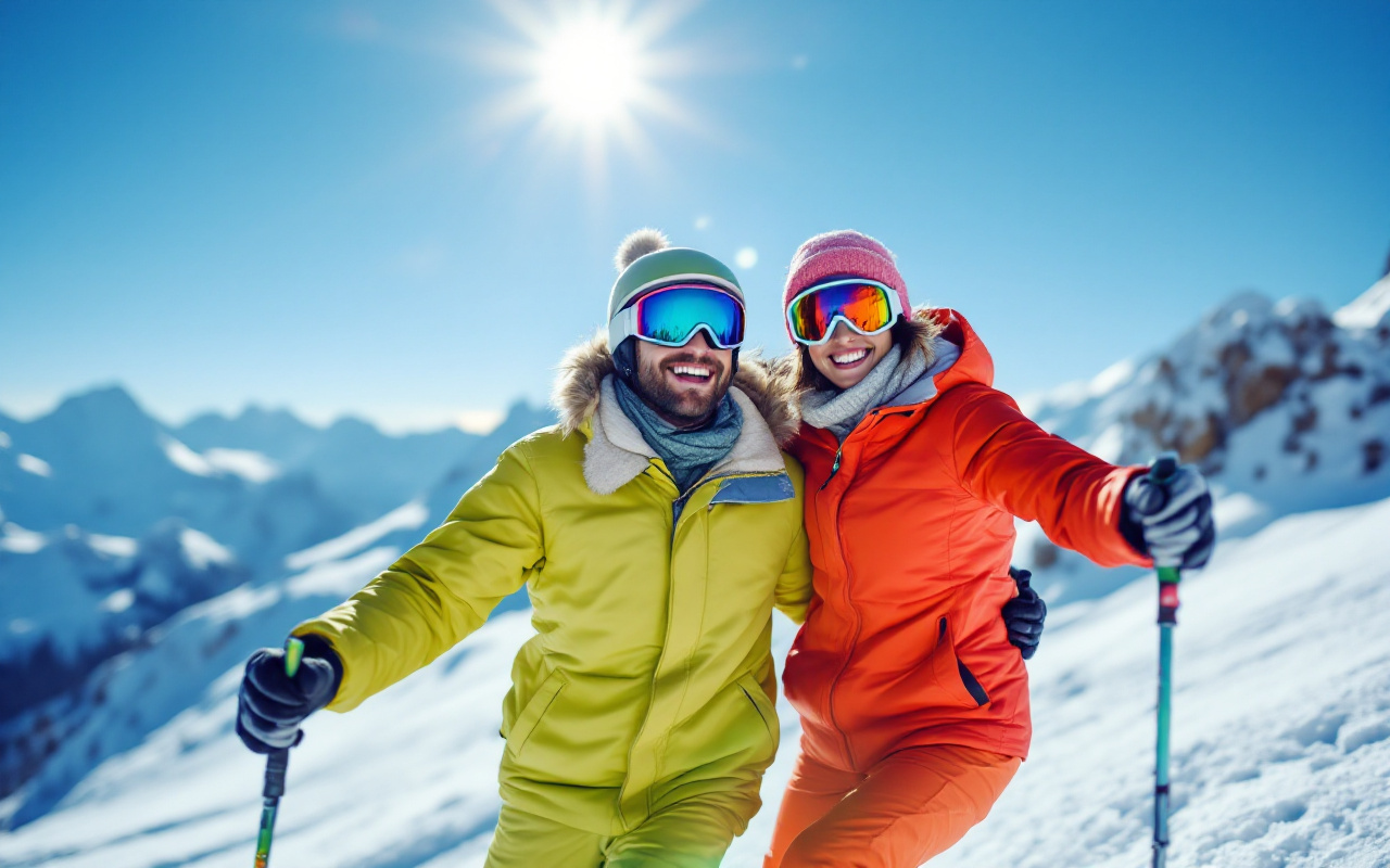 Un couple heureux dévalant une pente dans les Alpes, vêtus de tenues d'hiver colorées, sous un ciel bleu éclatant avec des montagnes enneigées en arrière-plan, illuminés par une douce lumière du soleil.
