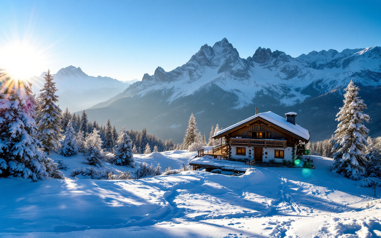 une-vue-de-montagne-avec-des-sommets-enneiges-et-une-cabine-confortable-au-premier-plan-baignee-par-la-lumiere-du-soleil-et-entouree-darbres