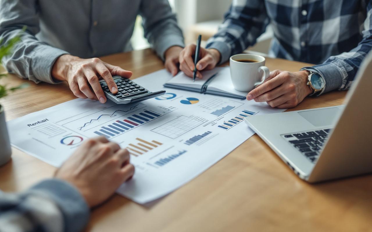 Investisseur analysant le rendement locatif sur un plan d'étage posé sur une table, mains pointant des chiffres, ordinateur portable avec tableau, calculatrice et tasse de café, éclairage naturel doux, tons neutres et boisés.
