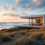 Maison moderne neuve près de la côte atlantique, architecture minimaliste avec grandes baies vitrées et terrasse en bois, dunes et herbes côtières au premier plan, océan avec vagues au coucher de soleil, lumière volumétrique chaude et ambiance naturelle.