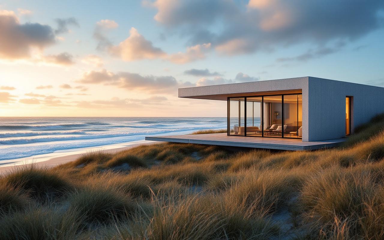 Maison moderne neuve près de la côte atlantique, architecture minimaliste avec grandes baies vitrées et terrasse en bois, dunes et herbes côtières au premier plan, océan avec vagues au coucher de soleil, lumière volumétrique chaude et ambiance naturelle.
