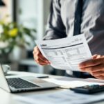 Un homme examine des documents fiscaux LMNP sur un bureau lumineux, avec un ordinateur portable ouvert et une calculatrice à côté.