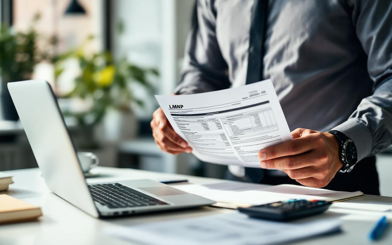 Un homme examine des documents fiscaux LMNP sur un bureau lumineux, avec un ordinateur portable ouvert et une calculatrice à côté.