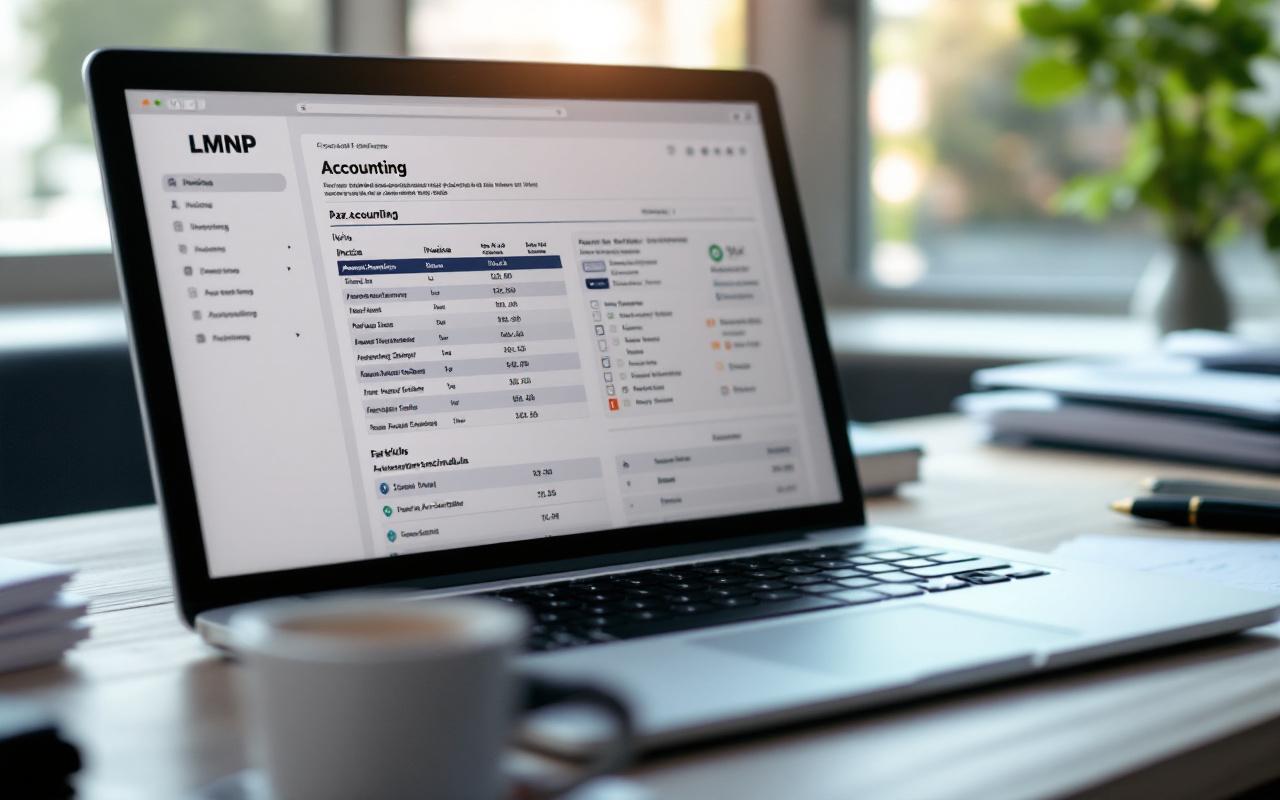 Tableau de comptabilité LMNP affiché à l’écran avec factures, amortissements et liasse fiscale en cours de préparation, sur un bureau en lumière naturelle.