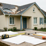 Maison nécessitant des travaux avec outils, mètre ruban et documents vierges d’inspection évoquant une renégociation immobilière.