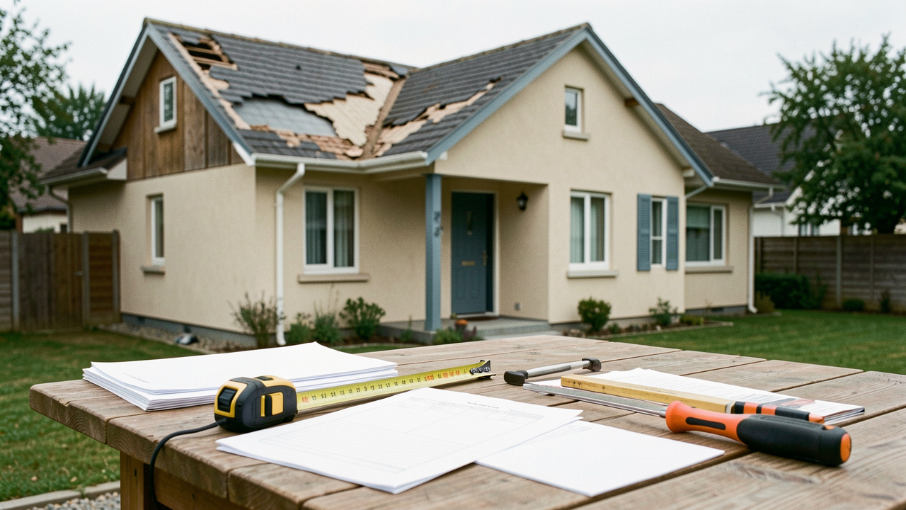 Maison nécessitant des travaux avec outils, mètre ruban et documents vierges d’inspection évoquant une renégociation immobilière.