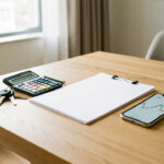 Intérieur lumineux d’un appartement moderne avec des clés, une calculatrice, un dossier immobilier vierge et un smartphone affichant un graphique financier neutre sur une table.
