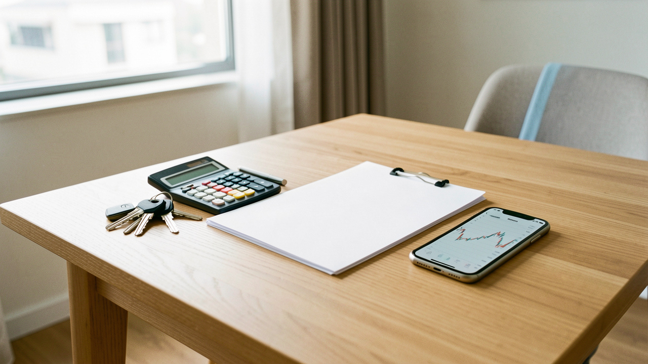 Intérieur lumineux d’un appartement moderne avec des clés, une calculatrice, un dossier immobilier vierge et un smartphone affichant un graphique financier neutre sur une table.