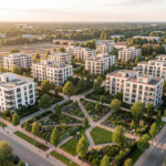 Vue aérienne réaliste d’une ancienne friche gazière transformée en quartier résidentiel neuf, avec des immeubles contemporains, des jardins et des rues bordées d’arbres.