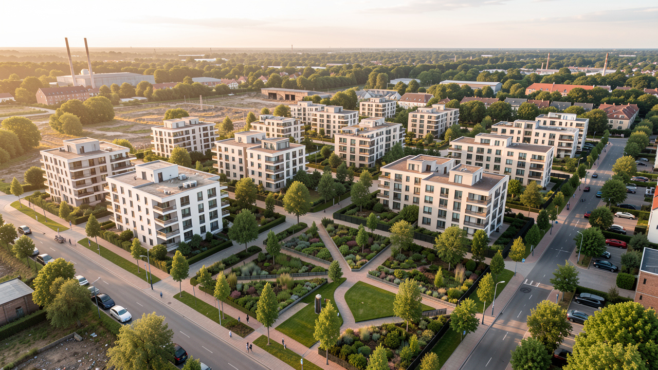 Vue aérienne réaliste d’une ancienne friche gazière transformée en quartier résidentiel neuf, avec des immeubles contemporains, des jardins et des rues bordées d’arbres.