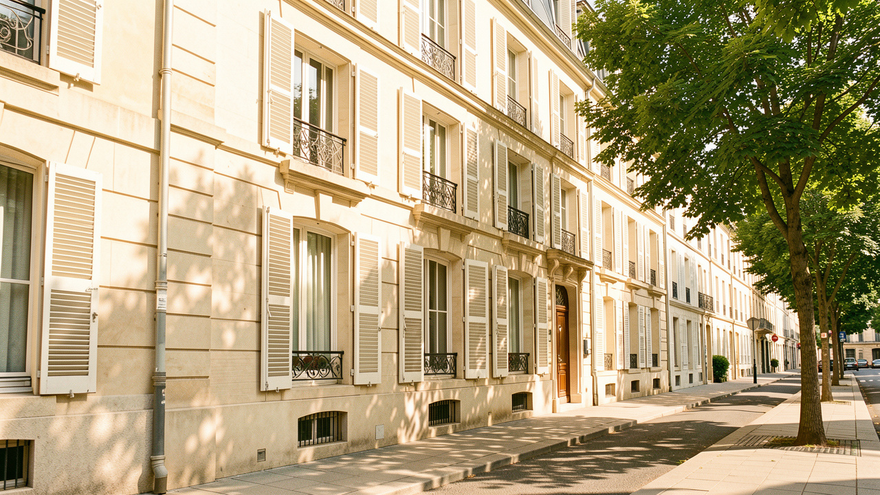 Appartement bordelais lumineux aux volets extérieurs, bordé d’arbres de rue sous une forte chaleur estivale.