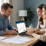 Un homme et une femme consultent ensemble une simulation de crédit immobilier sur un ordinateur portable, entourés de graphiques abstraits et de documents bancaires vierges.