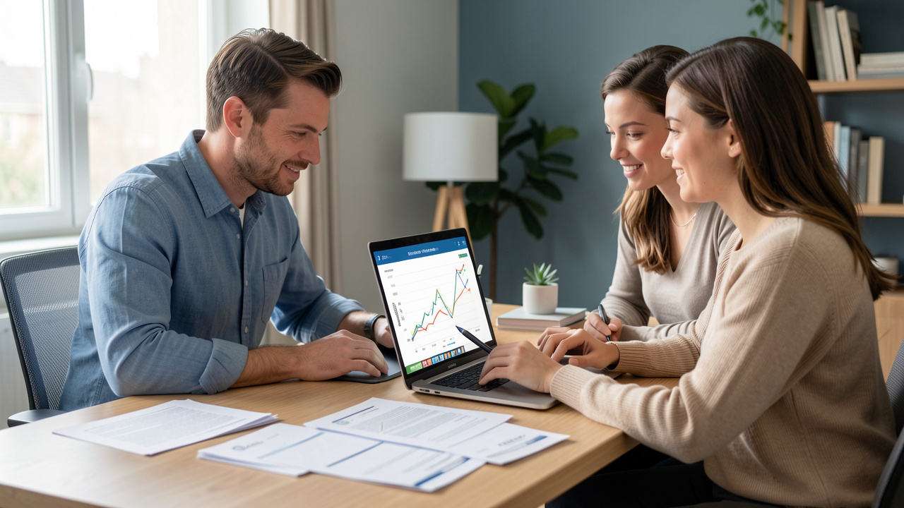 Un homme et une femme consultent ensemble une simulation de crédit immobilier sur un ordinateur portable, entourés de graphiques abstraits et de documents bancaires vierges.