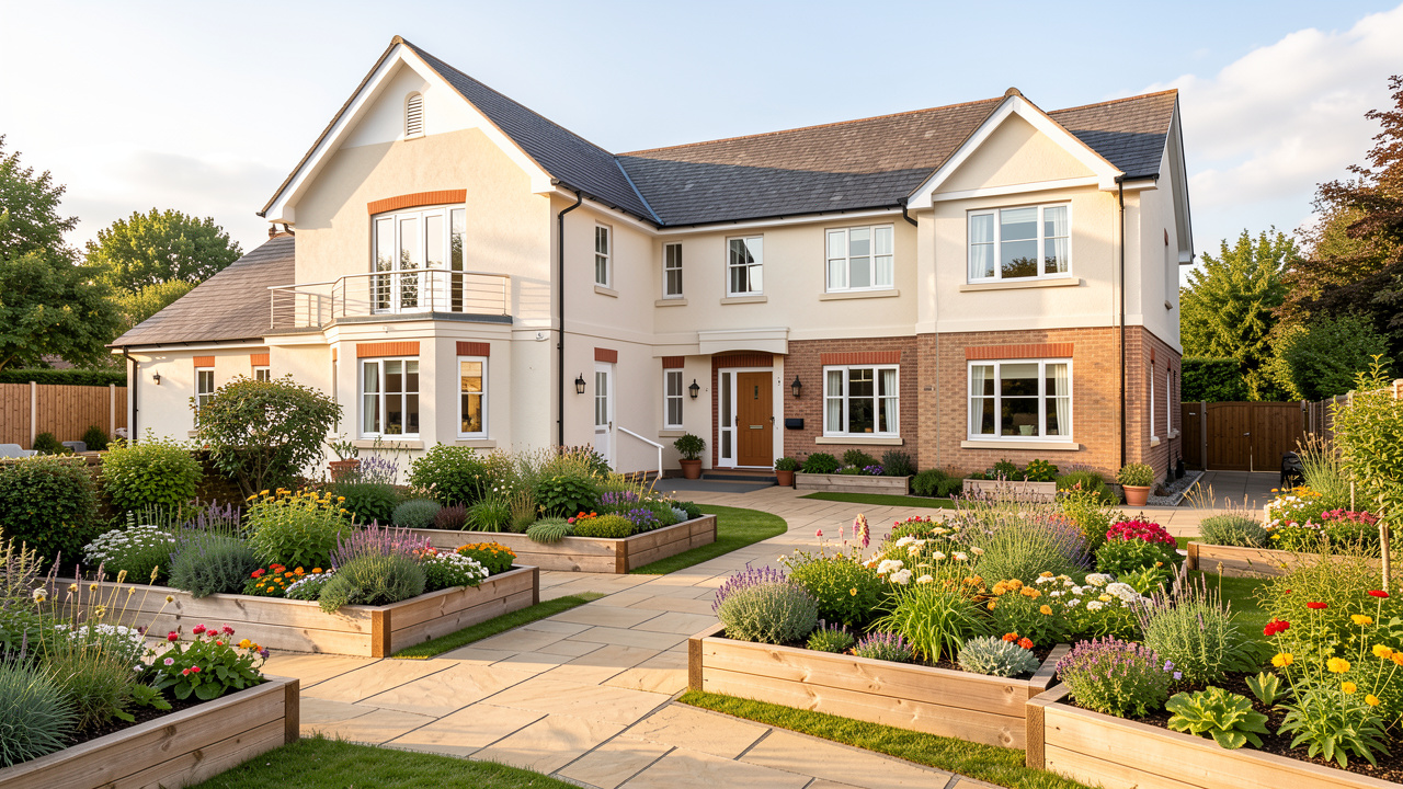Grande maison familiale rénovée en habitat partagé pour seniors, avec façade lumineuse, rampe d’accès discrète et jardin accessible.