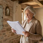 Femme âgée consultant un dossier de diagnostics dans l’intérieur d’une ancienne maison française aux volets usés et aux poutres apparentes.