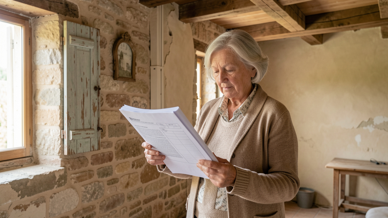 Femme âgée consultant un dossier de diagnostics dans l’intérieur d’une ancienne maison française aux volets usés et aux poutres apparentes.