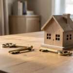 Clés architecturales représentant une maison familiale partagée, séparées harmonieusement pour symboliser la sortie d’une indivision immobilière entre héritiers.