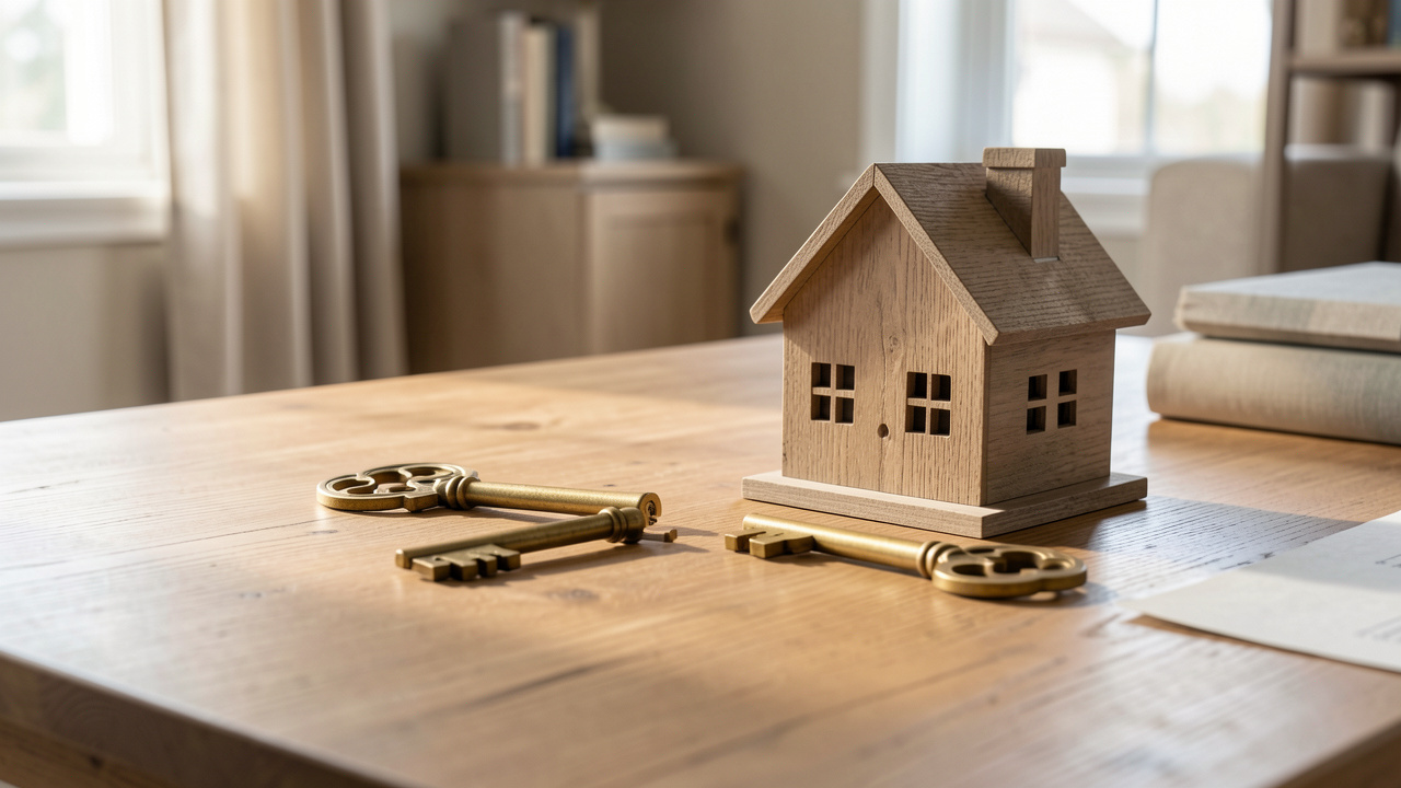 Clés architecturales représentant une maison familiale partagée, séparées harmonieusement pour symboliser la sortie d’une indivision immobilière entre héritiers.