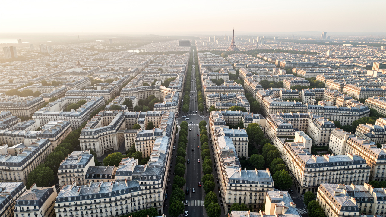 Vue aérienne réaliste de Paris au matin, montrant les immeubles haussmanniens, les toits urbains, les boulevards arborés et les quartiers de l’est baignés d’une lumière douce.