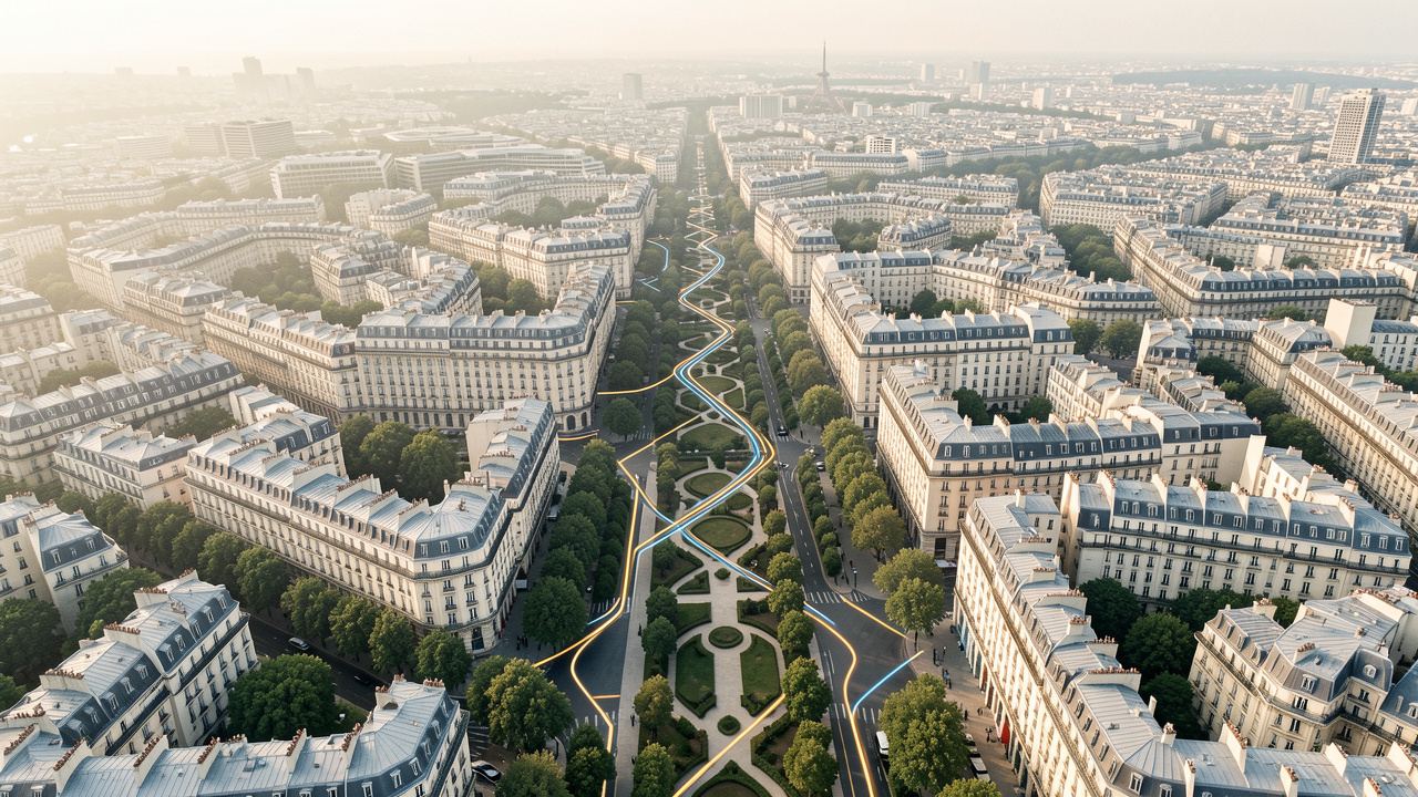 Vue aérienne réaliste de Paris montrant des quartiers résidentiels, des immeubles haussmanniens et des lignes de métro stylisées dans une ambiance éditoriale immobilière.
