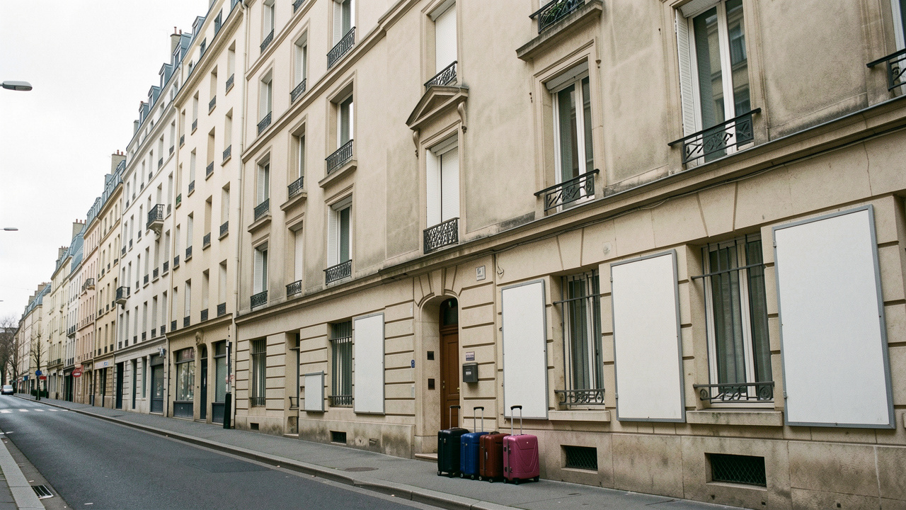 Rue urbaine française bordée d'immeubles résidentiels, avec quelques valises et des panneaux de location vierges près des entrées.