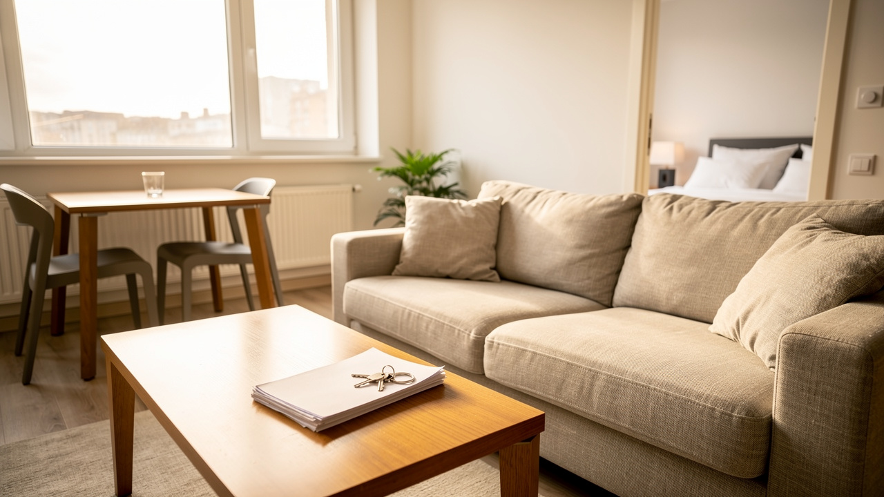 Appartement meublé prêt à louer avec mobilier complet, clés et documents vierges soigneusement disposés sur une table.