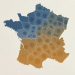 Carte stylisée de la France présentant les écarts de loyers entre plusieurs zones urbaines au moyen de cercles de tailles variées et d’un dégradé de couleurs sobre.