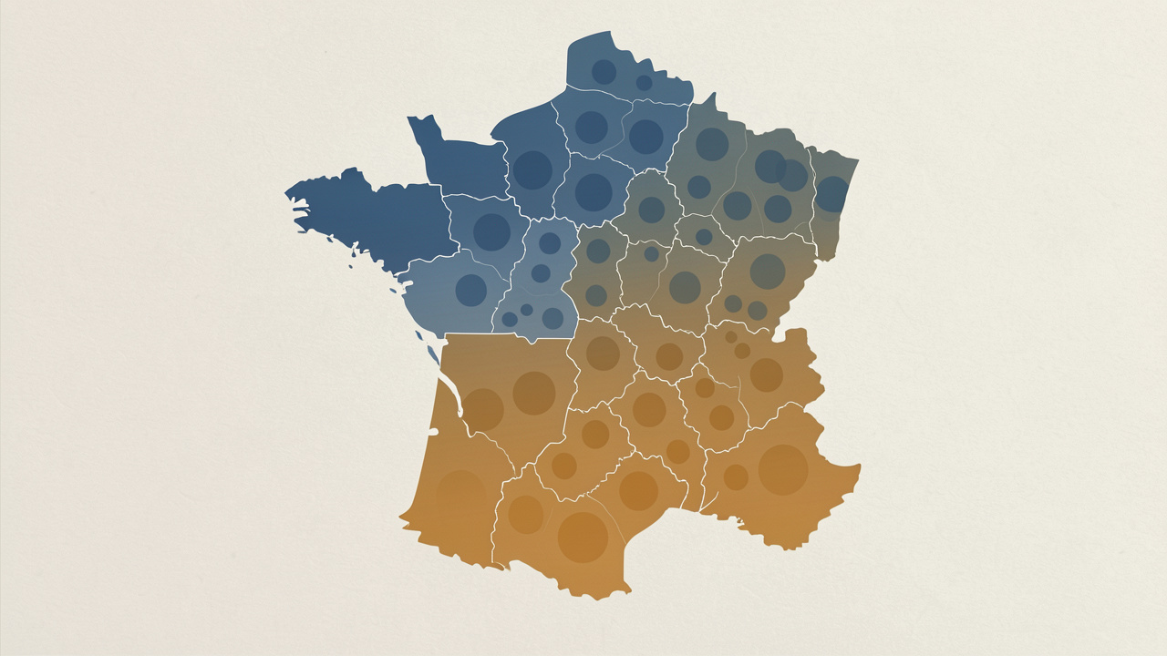 Carte stylisée de la France présentant les écarts de loyers entre plusieurs zones urbaines au moyen de cercles de tailles variées et d’un dégradé de couleurs sobre.