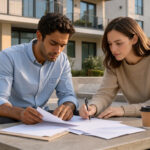 Un jeune couple étudie des documents immobiliers devant un immeuble résidentiel moderne.