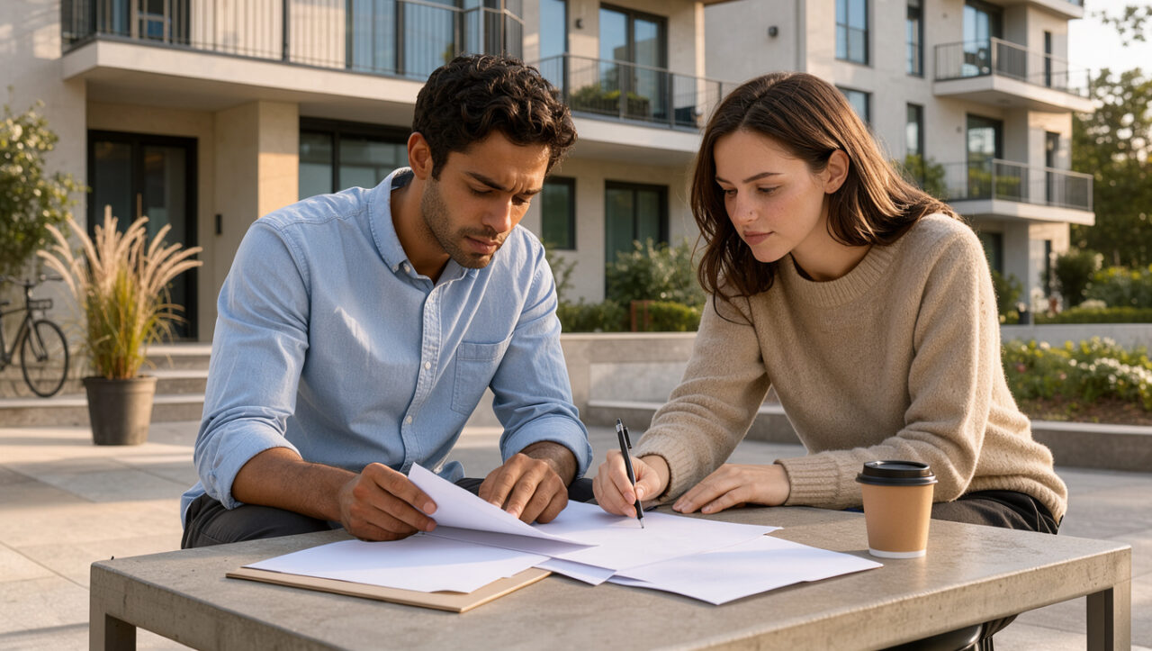 Un jeune couple étudie des documents immobiliers devant un immeuble résidentiel moderne.