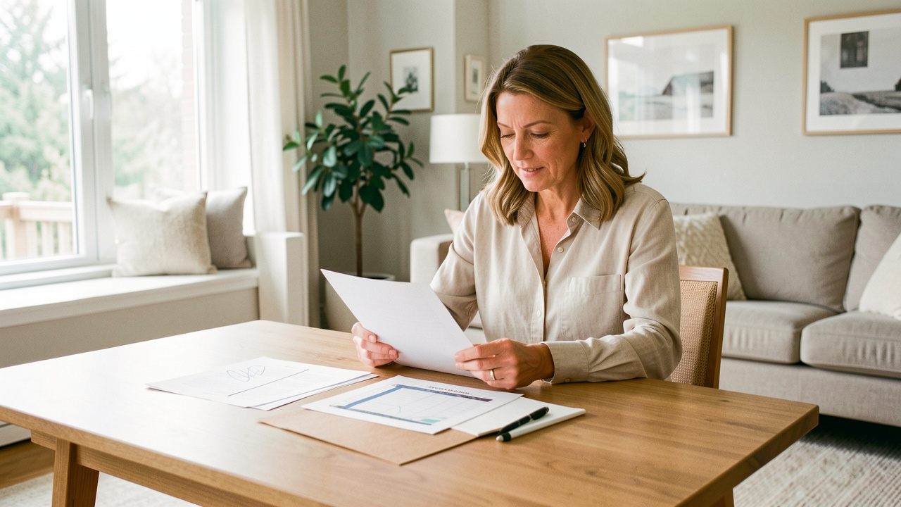 Une propriétaire examine des documents vierges et un tableau abstrait de loyers sur une table dans un appartement meublé et lumineux.