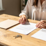 Une propriétaire organise des documents vierges de location meublée, un dossier de bail, un inventaire et des clés d’appartement sur un bureau lumineux.