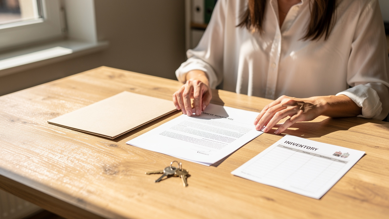 Une propriétaire organise des documents vierges de location meublée, un dossier de bail, un inventaire et des clés d’appartement sur un bureau lumineux.