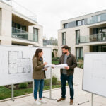 Résidence contemporaine neuve en France, avec une femme et un homme comparant des plans architecturaux près de panneaux de présentation vierges, dans une cour paysagée.