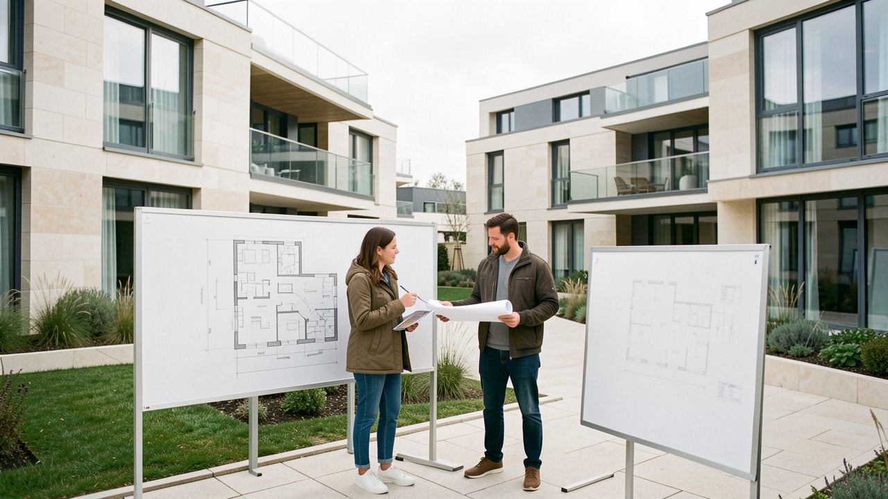 Résidence contemporaine neuve en France, avec une femme et un homme comparant des plans architecturaux près de panneaux de présentation vierges, dans une cour paysagée.