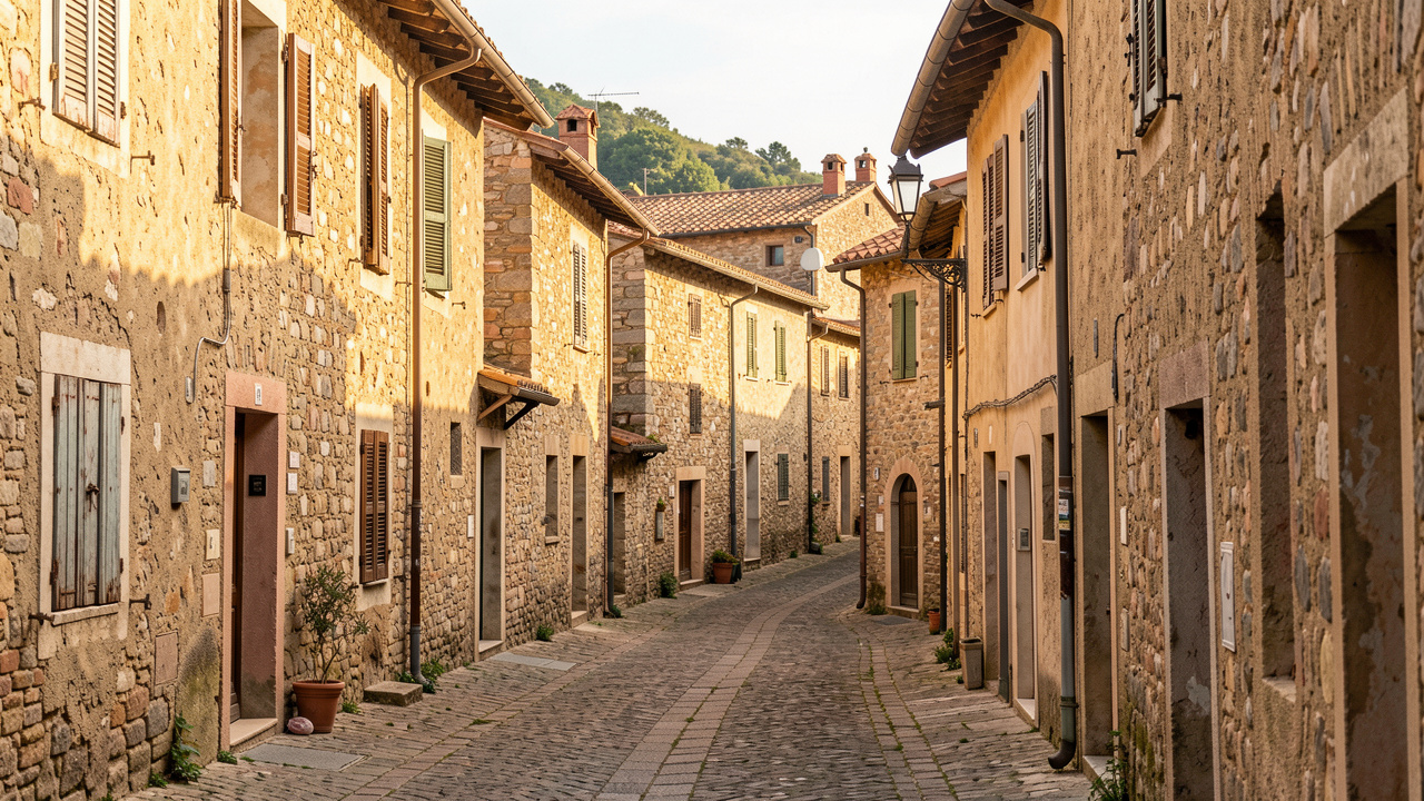 Ancien village italien perché sur une colline, avec des maisons en pierre à rénover, des ruelles étroites et une lumière méditerranéenne chaleureuse.